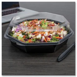 SOLO OctaView 9.57 in. x 9.2 in. x 3.2 in. 42 oz. Plastic Hinged-Lid Cold Food Containers - Black/Clear (100/Carton)