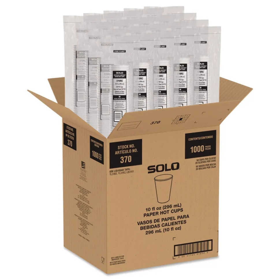 SOLO Recycled Content PCF Paper Hot Cups ProPlanet Seal 10 oz White/Blue (1000/Carton)