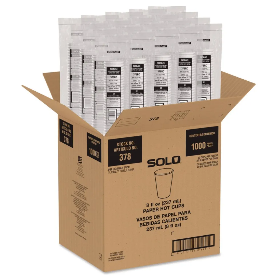 SOLO Recycled Content PCF Paper Hot Cups ProPlanet Seal 8 oz White/Blue (1000/Carton)