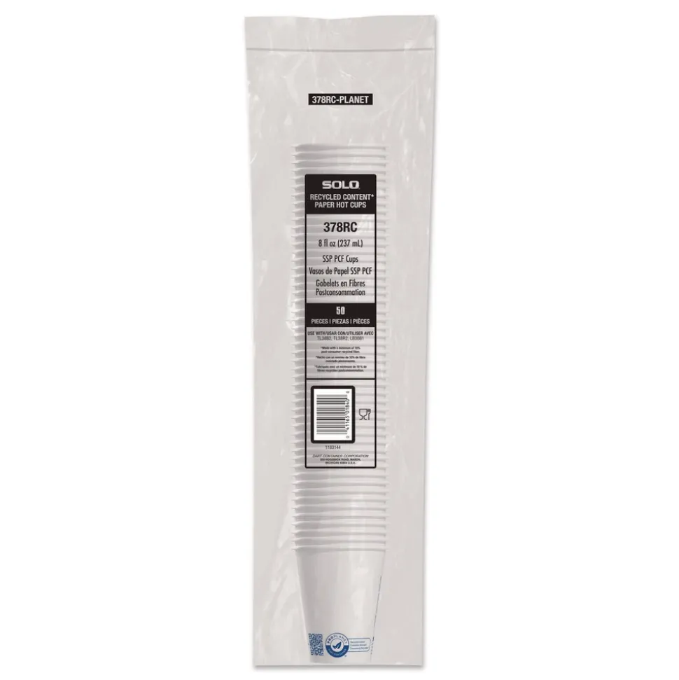 SOLO Recycled Content PCF Paper Hot Cups ProPlanet Seal 8 oz White/Blue (1000/Carton)