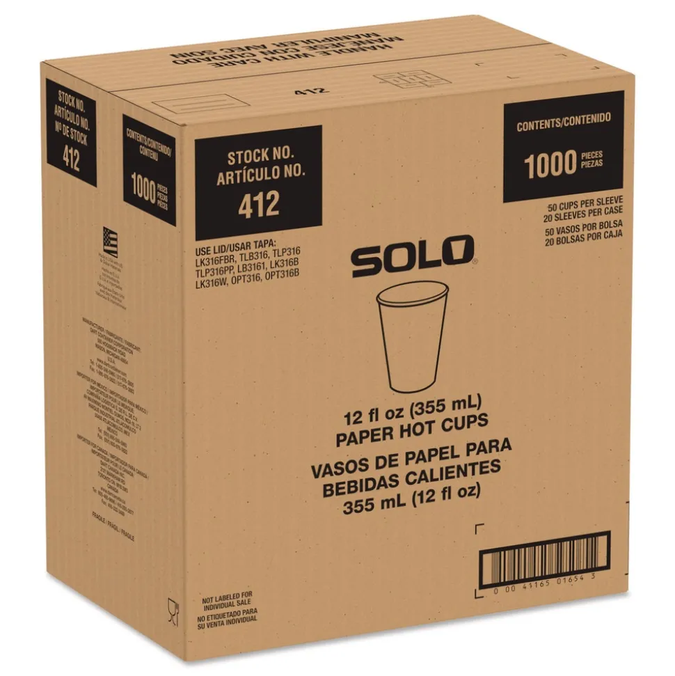SOLO Recycled Content PCF Paper Hot Cups ProPlanet Seal 12 oz White/Blue (1000/Carton)