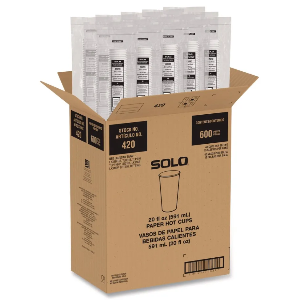 SOLO Recycled Content PCF Paper Hot Cups ProPlanet Seal 20 oz White/Blue 600/Carton