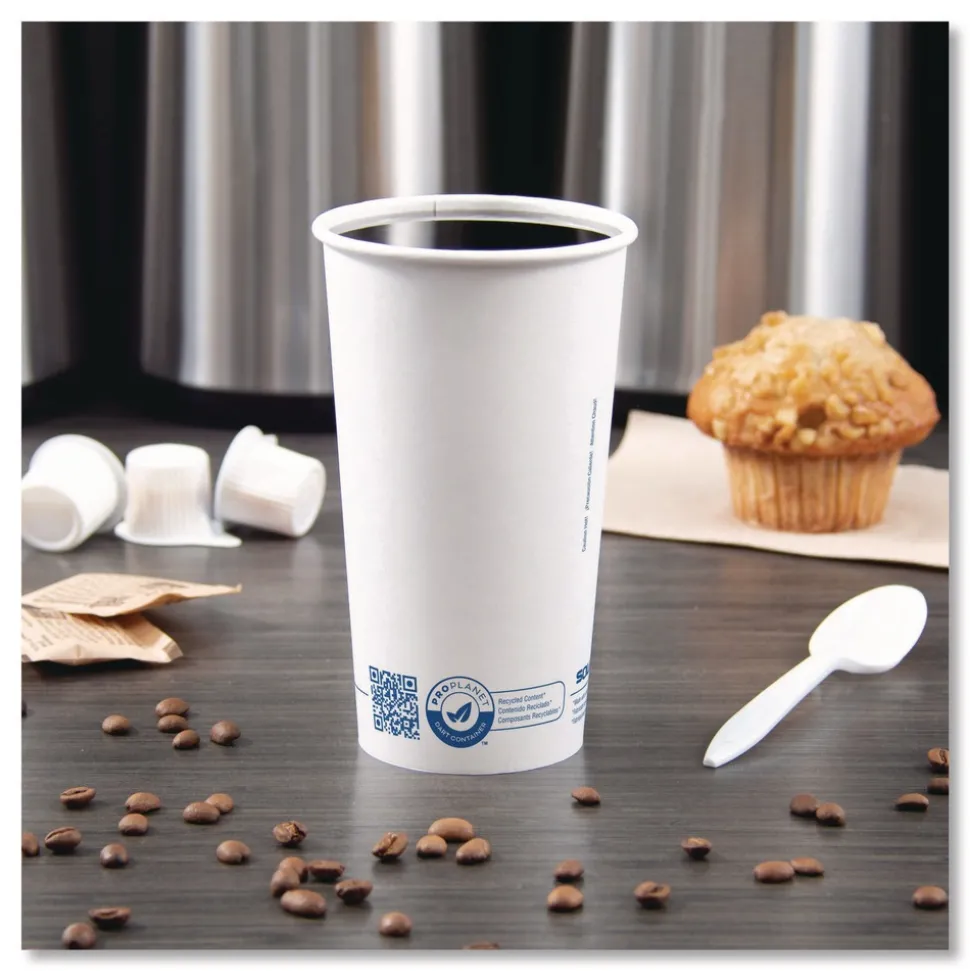 SOLO Recycled Content PCF Paper Hot Cups ProPlanet Seal 20 oz White/Blue 600/Carton