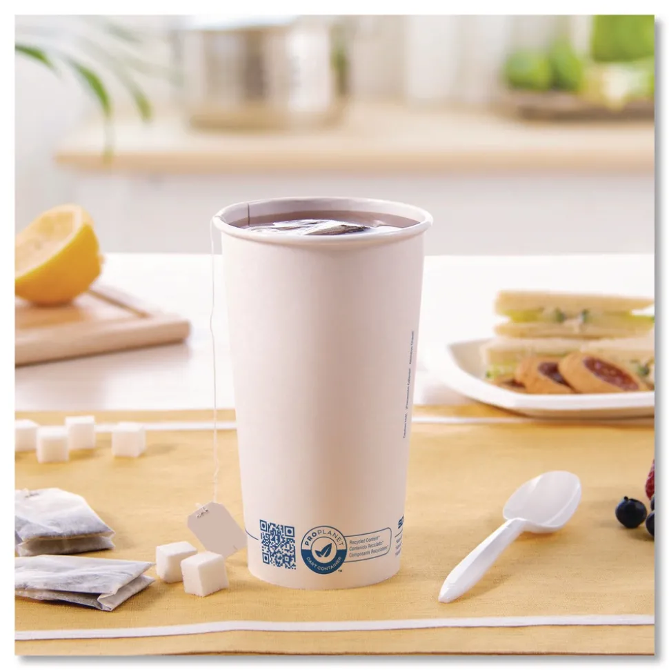 SOLO Recycled Content PCF Paper Hot Cups ProPlanet Seal 20 oz White/Blue 600/Carton