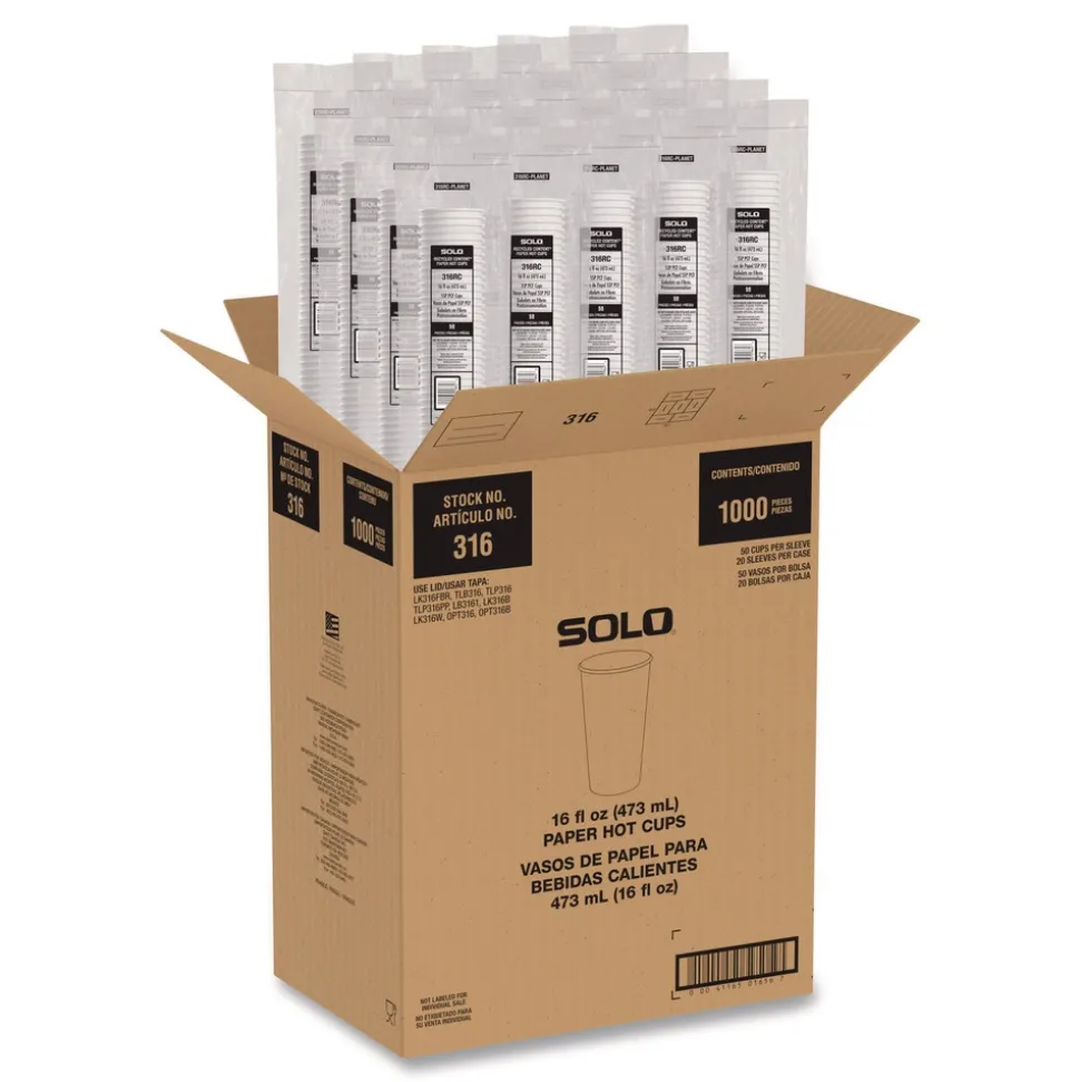 SOLO Recycled Content PCF Paper Hot Cups ProPlanet Seal 16 oz White/Blue (1000/Carton)