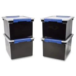 Storex 13.9 in. x 18.3 in. x 10.6 in. Legal/Letter Tote with Locking Handles - Black/Silver/Blue (4/Carton)