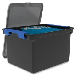 Storex 13.9 in. x 18.3 in. x 10.6 in. Legal/Letter Tote with Locking Handles - Black/Silver/Blue (4/Carton)