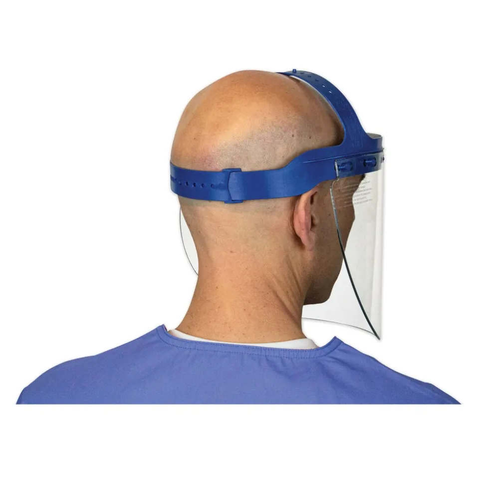 Suncast 16.5 in. x 10.25 in. x 11 in. Fully Assembled Full Length Face Shield with Head Gear - Clear/Blue (16/Carton)
