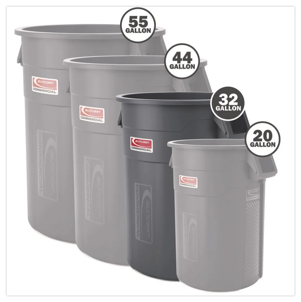 Suncast Commercial Injection Molded Utility Trash Can, 32 gal, Plastic/Resin, Gray