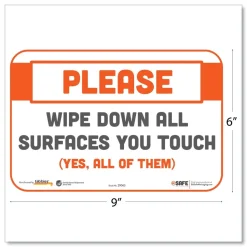 Tabbies BeSafe 9 in. x 6 in. Please Wipe Down All Surfaces You Touch Messaging Repositionable Wall/Door Signs - White (30/Carton)