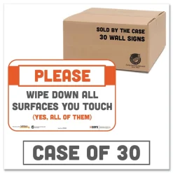 Tabbies BeSafe 9 in. x 6 in. Please Wipe Down All Surfaces You Touch Messaging Repositionable Wall/Door Signs - White (30/Carton)