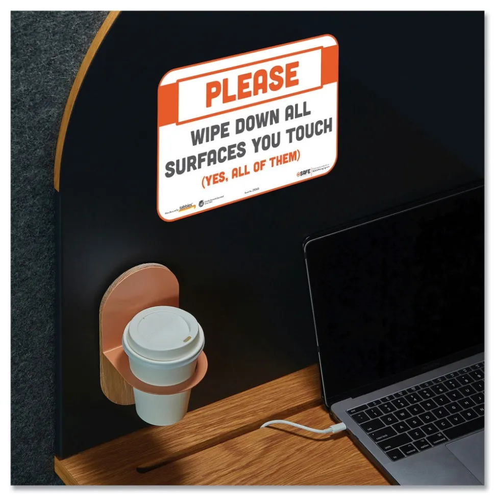 Tabbies BeSafe 9 in. x 6 in. Please Wipe Down All Surfaces You Touch Messaging Repositionable Wall/Door Signs - White (30/Carton)