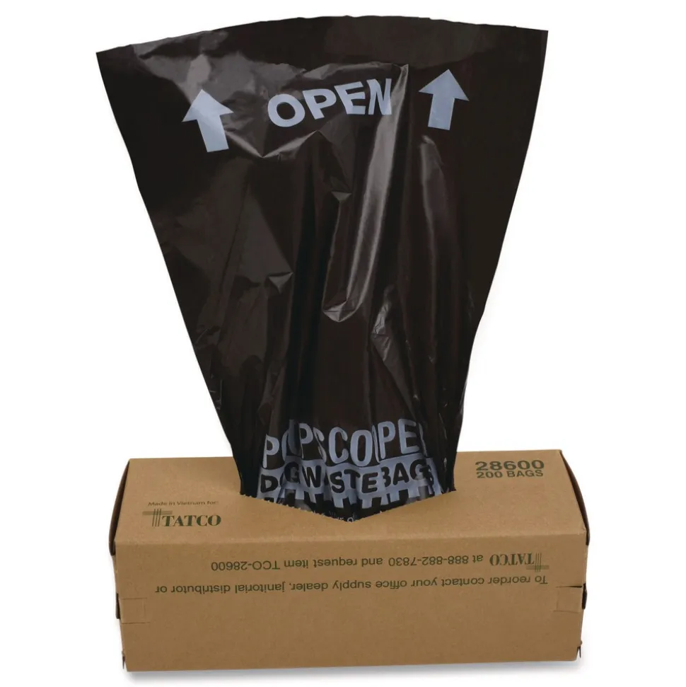 Tatco Dog Waste Bags Open-Face 0.5 gal 8-in x 13-in Black Perforated Roll 200 Bags/Roll 10 Rolls/Carton
