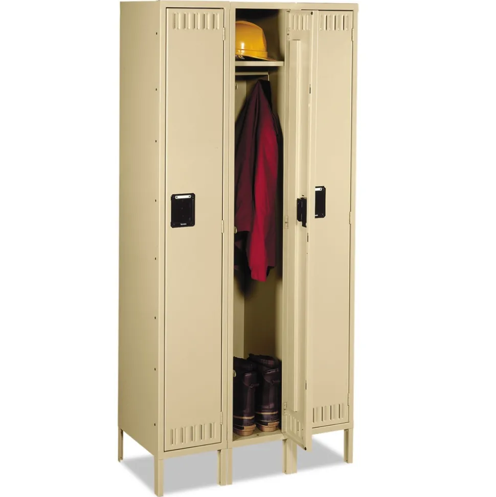 Tennsco Single-Tier Locker with Legs Three Lockers with Hat Shelves and Coat Rods 36w x 18d x 78h Sand