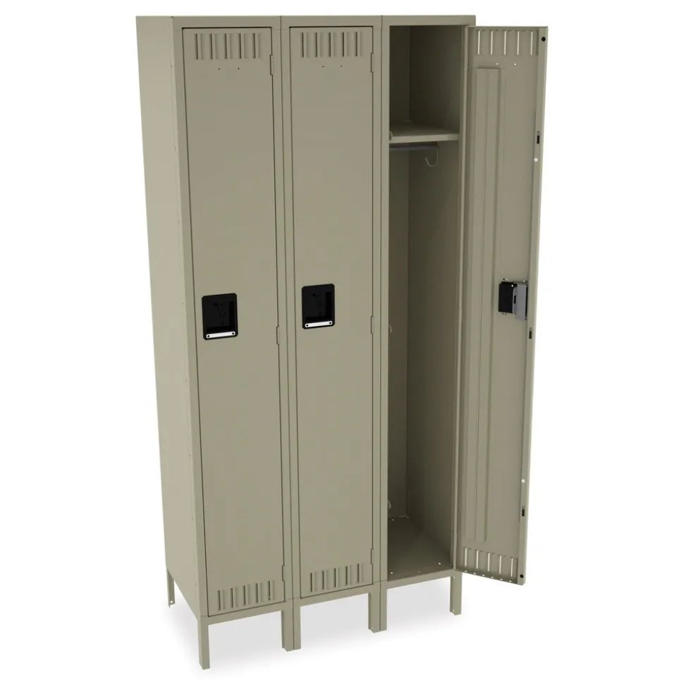 Tennsco Single-Tier Locker with Legs Three Lockers with Hat Shelves and Coat Rods 36w x 18d x 78h Sand