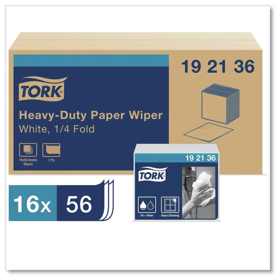 Tork 192136 1/4 Fold 1-Ply 12.5 in. x 13 in. Heavy-Duty Paper Wiper - White (16/Carton)