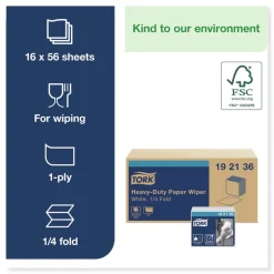 Tork 192136 1/4 Fold 1-Ply 12.5 in. x 13 in. Heavy-Duty Paper Wiper - White (16/Carton)