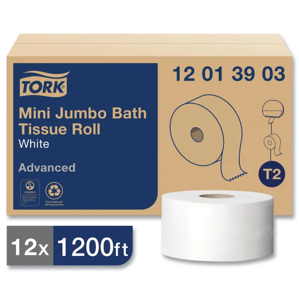 Tork 12013903 3.48 in. x 1200 ft. Septic Safe 1-Ply Advanced Bath Tissue - Jumbo, White (12/Carton)