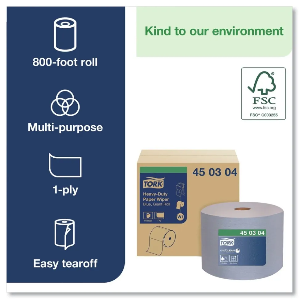 Tork 450304 1-Ply 11.1 in. x 800 ft. Heavy-Duty Paper Wiper - Blue