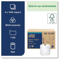 Tork 291380 1-Ply 7.68 in. x 1150 ft. Paper Wiper Roll Towel - White (4/Carton)