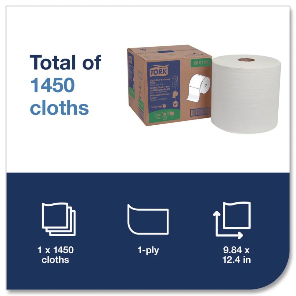 Tork 500105 1-Ply 9 in. x 12.4 in. Light Duty Cleaning Cloth Giant Roll - White (1/Carton)