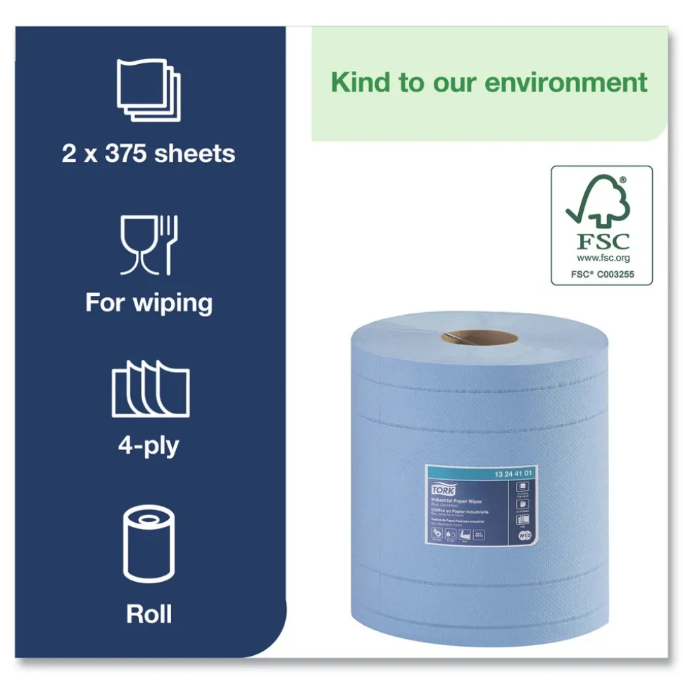 Tork 13244101 4-Ply 11 in. x 15.75 in. Unscented Industrial Paper Wiper - Blue (2/Carton)