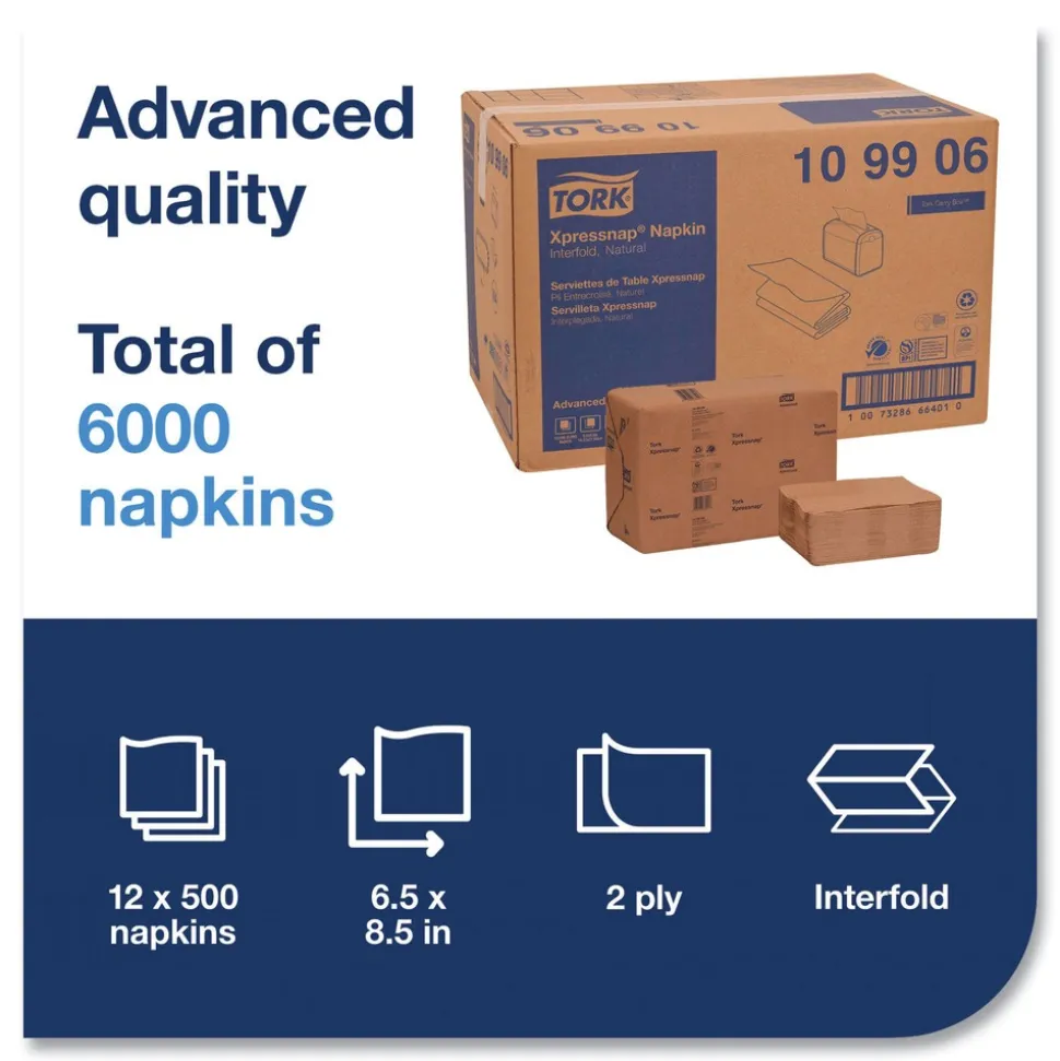 Tork 109906 2-Ply 6.5 in. x 8.5 in. Xpressnap Interfold Dispenser Napkins - Natural (12/Carton)