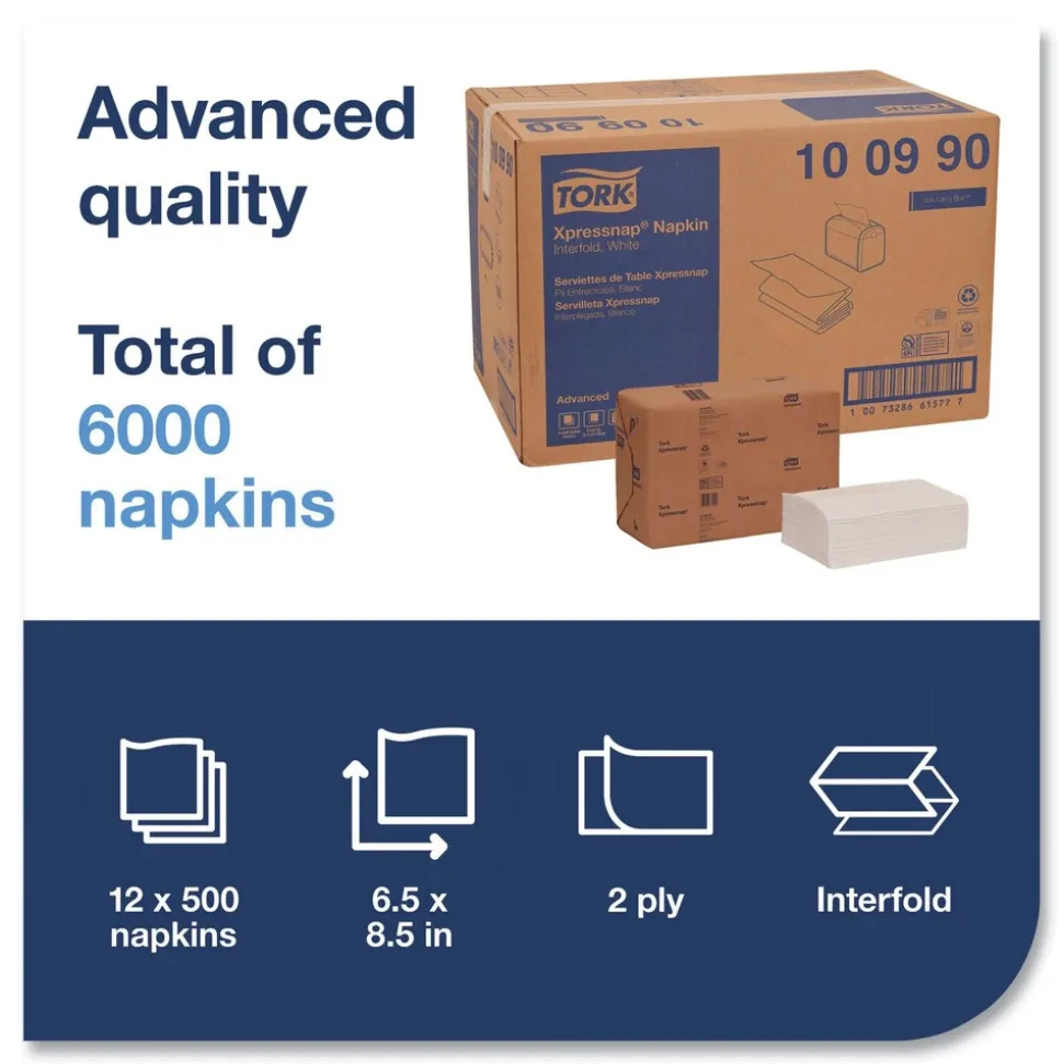 Tork 100990 2-Ply 6.5 in. x 8.5 in. Xpressnap Interfold Dispenser Napkins - White (12/Carton)