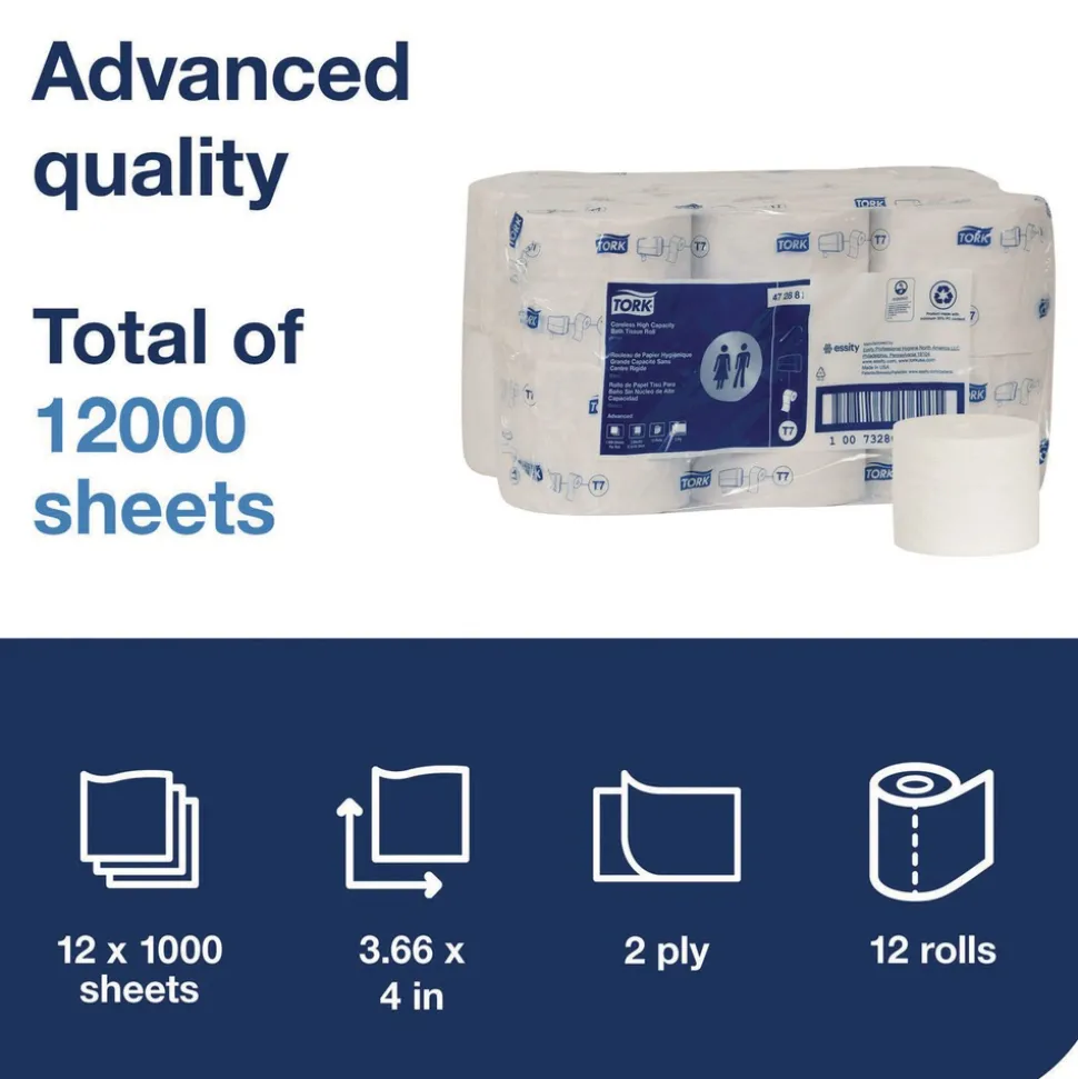 Tork 472881 2-Ply Advanced Coreless High Capacity Bath Tissue - White (12 Rolls/Carton)