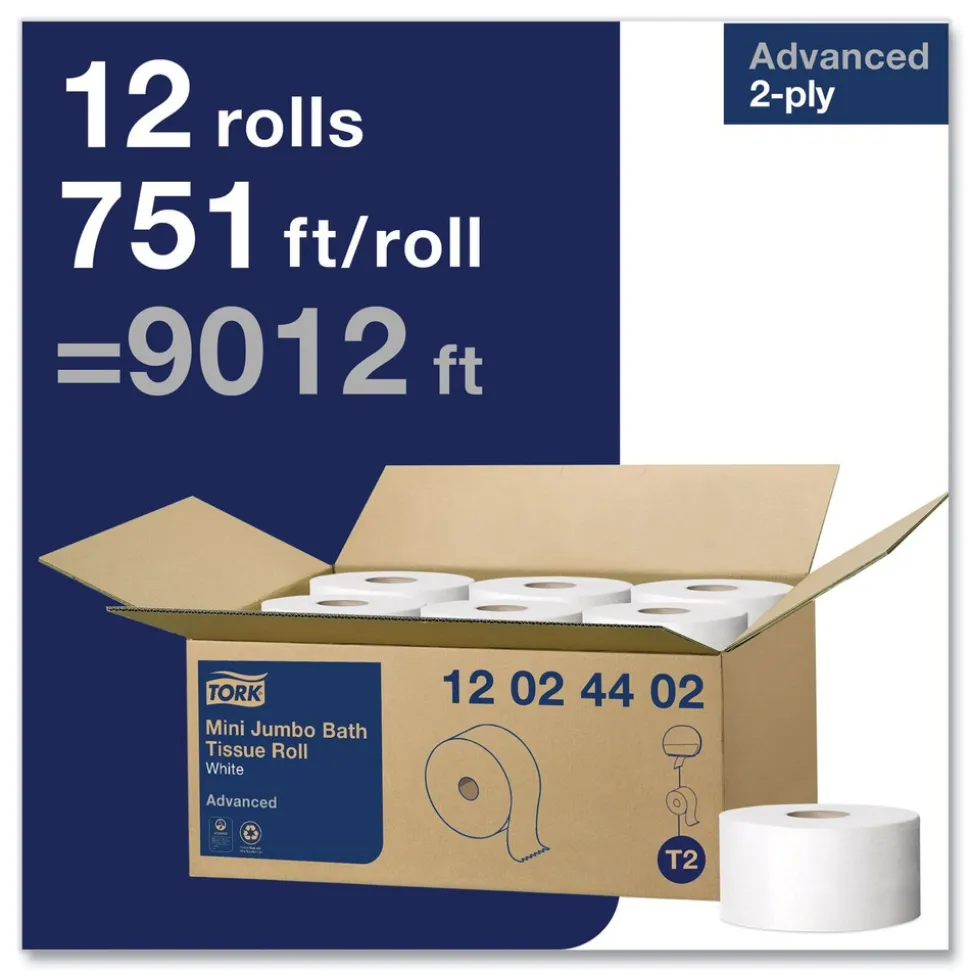 Tork Advanced 3.48 in. x 751 ft. 2-Ply Septic Safe Mini-Jumbo Roll Bath Tissue - White (12/Carton)