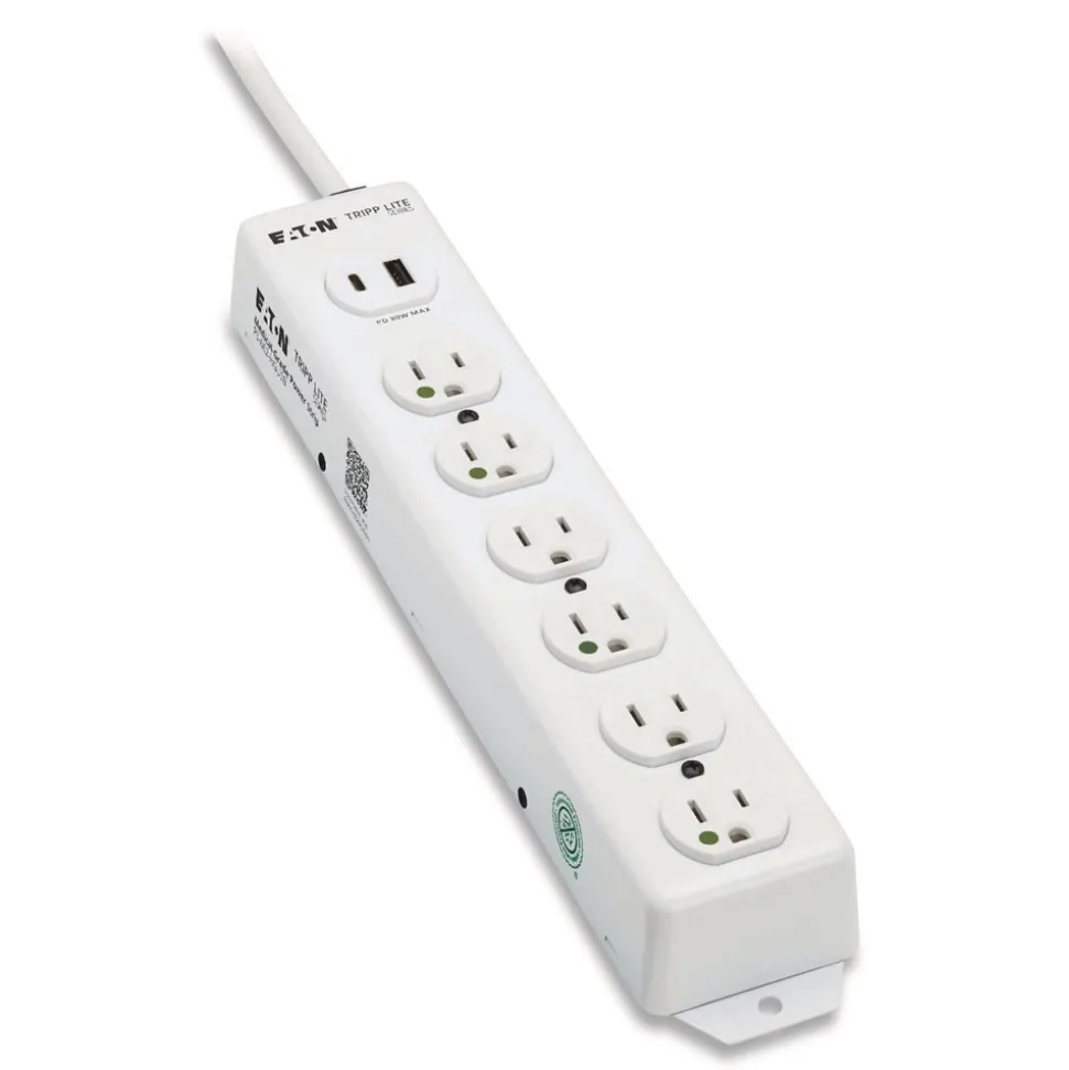 Tripp Lite Safe-IT Medical-Grade Power Strip with Antimicrobial Protection 6 Hospital-Grade Outlets USB Charging 2 ft Cord White
