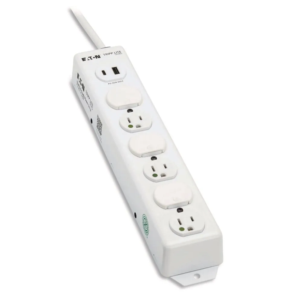 Tripp Lite Safe-IT Medical-Grade Power Strip with Antimicrobial Protection 6 Hospital-Grade Outlets USB Charging 2 ft Cord White