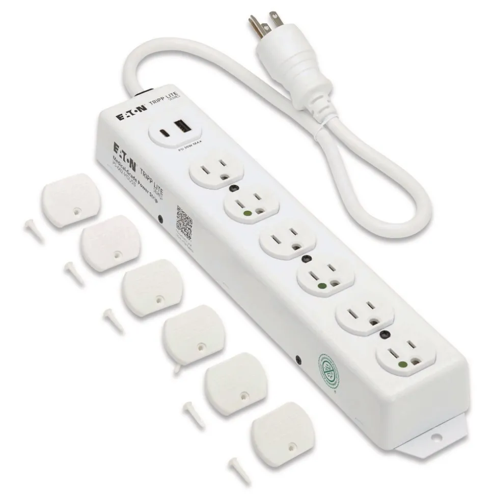 Tripp Lite Safe-IT Medical-Grade Power Strip with Antimicrobial Protection 6 Hospital-Grade Outlets USB Charging 2 ft Cord White