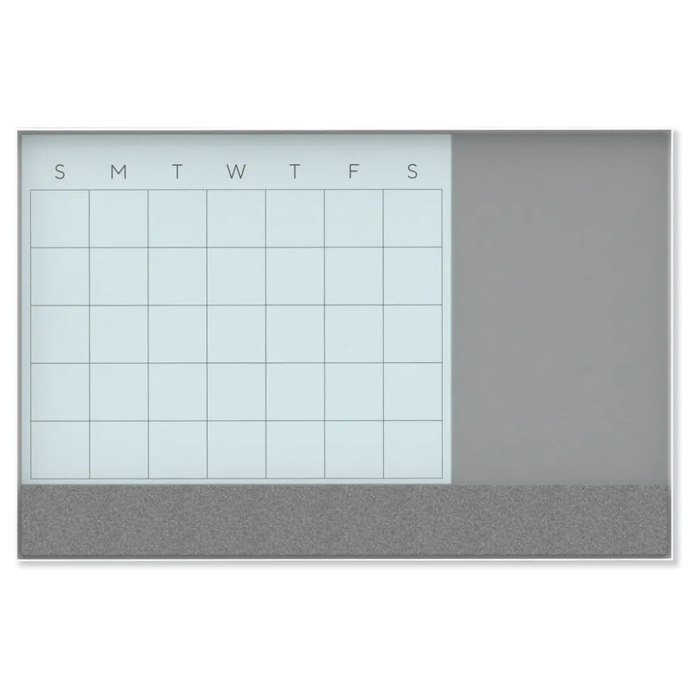 U Brands 35 in. x 23 in. Monthly View 3-N-1 Magnetic Glass Dry Erase Combo Board - White Aluminum
