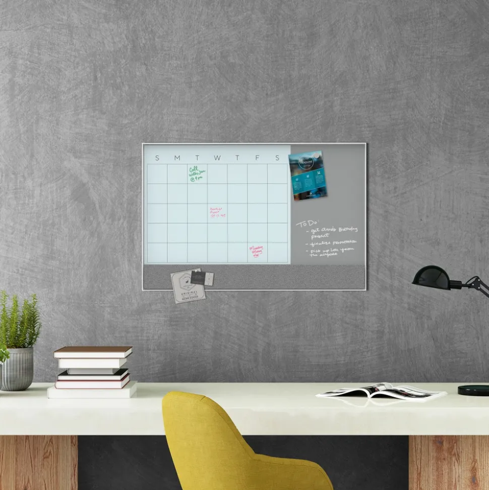 U Brands 35 in. x 23 in. Monthly View 3-N-1 Magnetic Glass Dry Erase Combo Board - White Aluminum