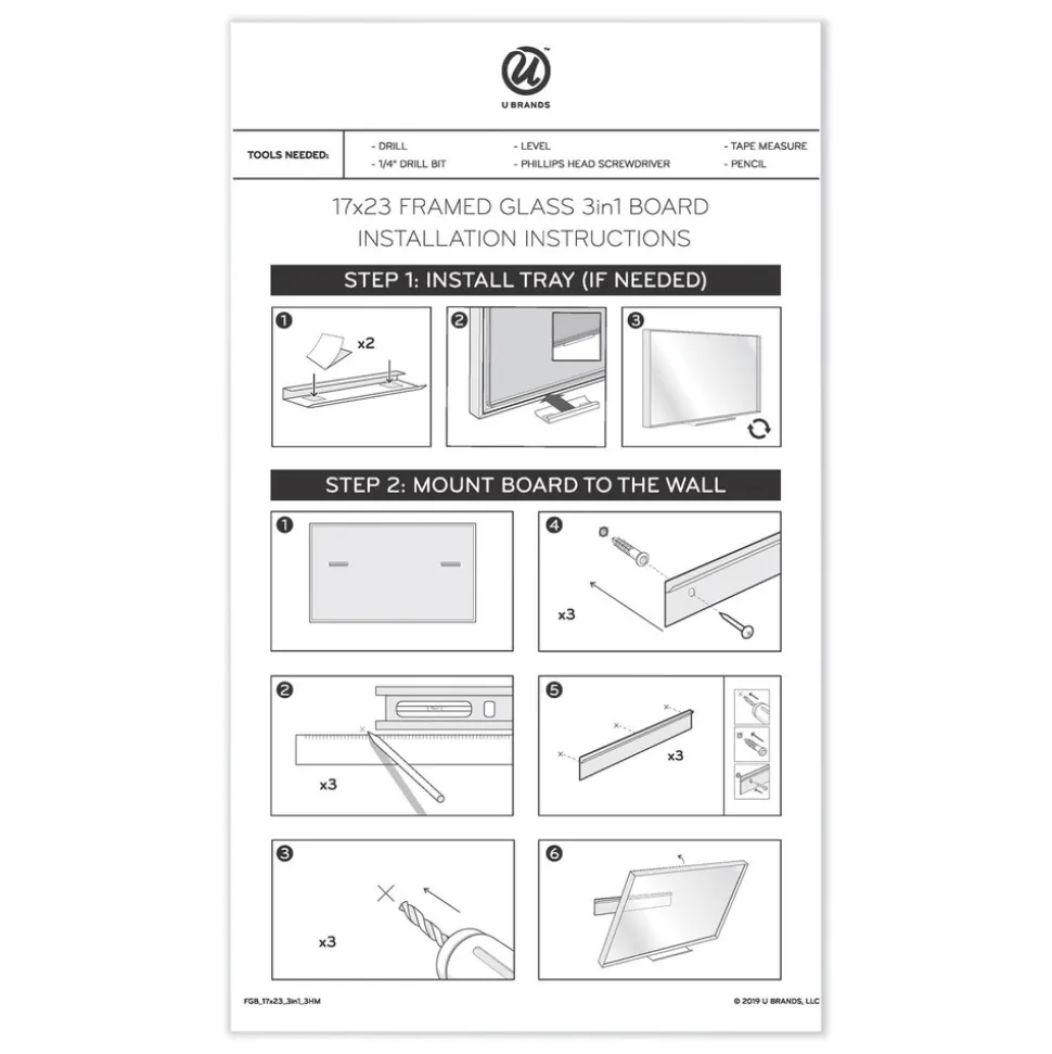 U Brands 23 in. x 17 in. Monthly View 3-N-1 Magnetic Glass Dry Erase Combo Board - White Aluminum