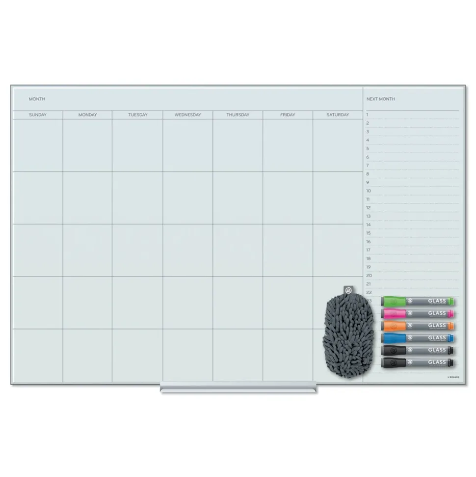 U Brands 35 x 23 Floating Glass Dry Erase Undated One Month Calendar - White