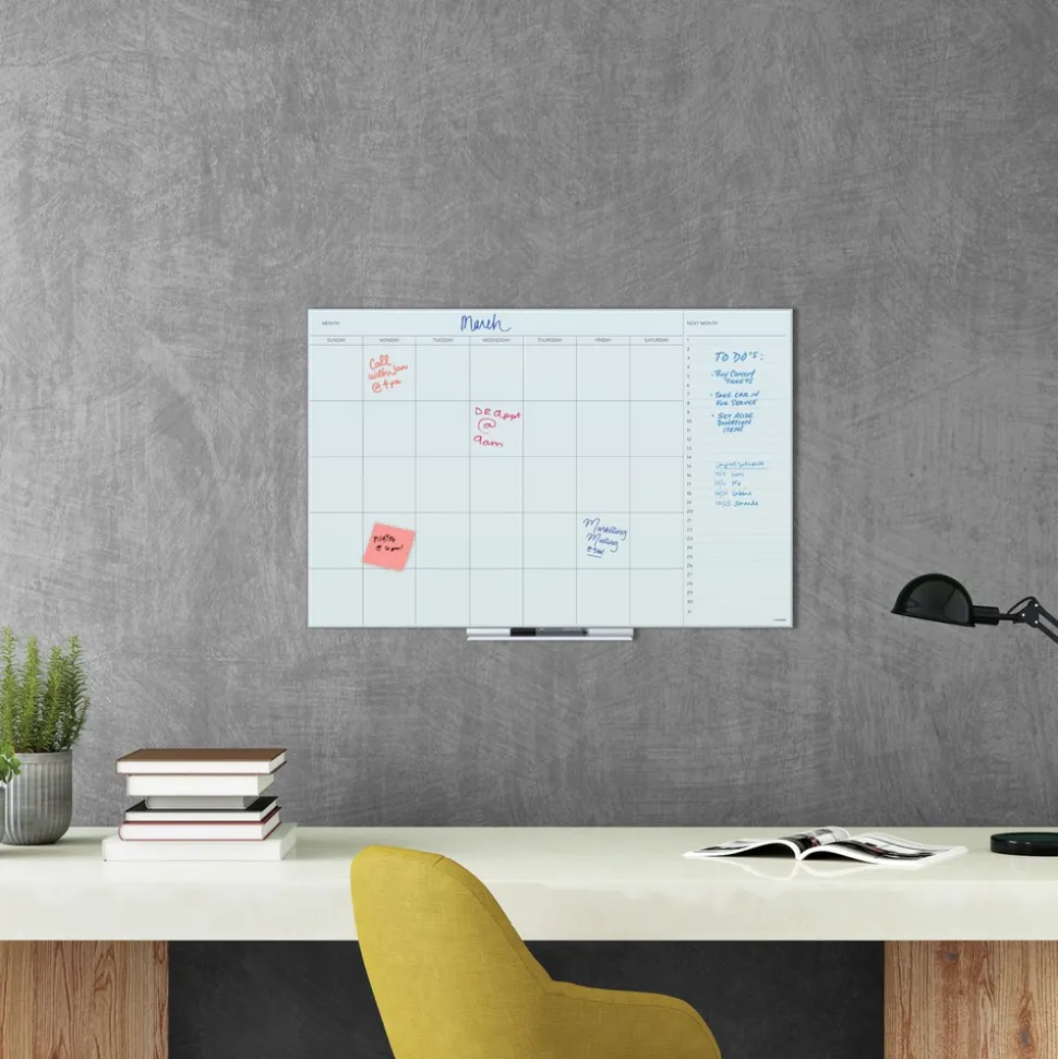 U Brands 35 x 23 Floating Glass Dry Erase Undated One Month Calendar - White