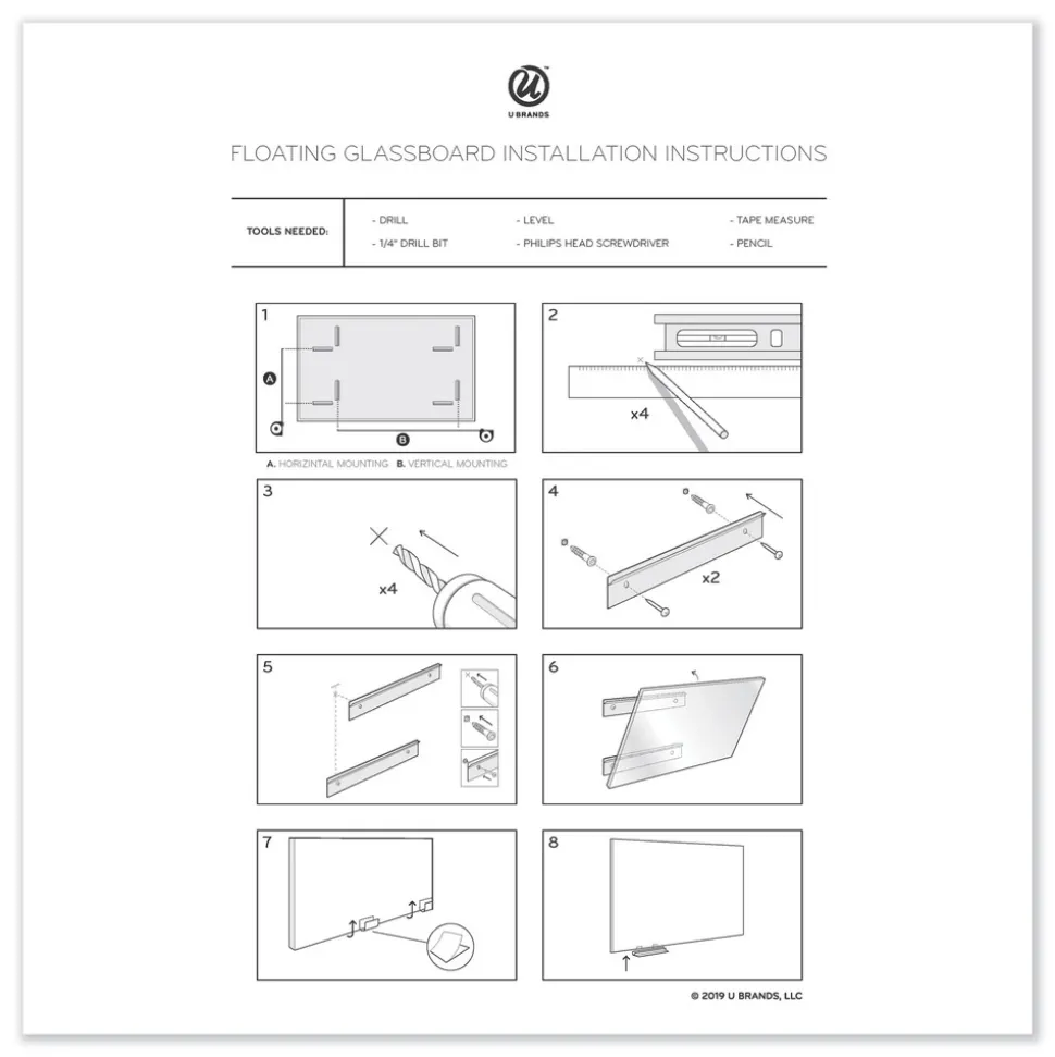 U Brands 35 x 23 Floating Glass Dry Erase Undated One Month Calendar - White