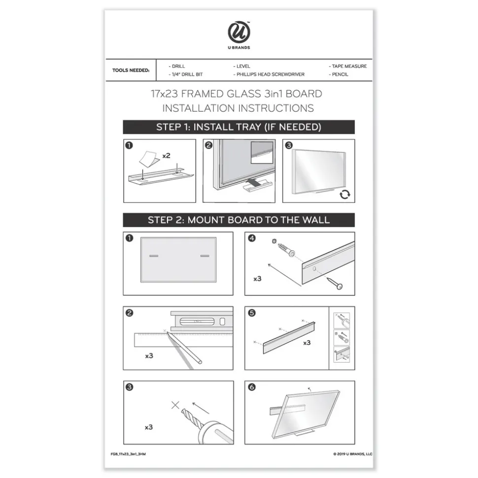 U Brands 3N1 48 x 36 Magnetic Glass Dry Erase Combo Board - Gray/White Surface/White Frame