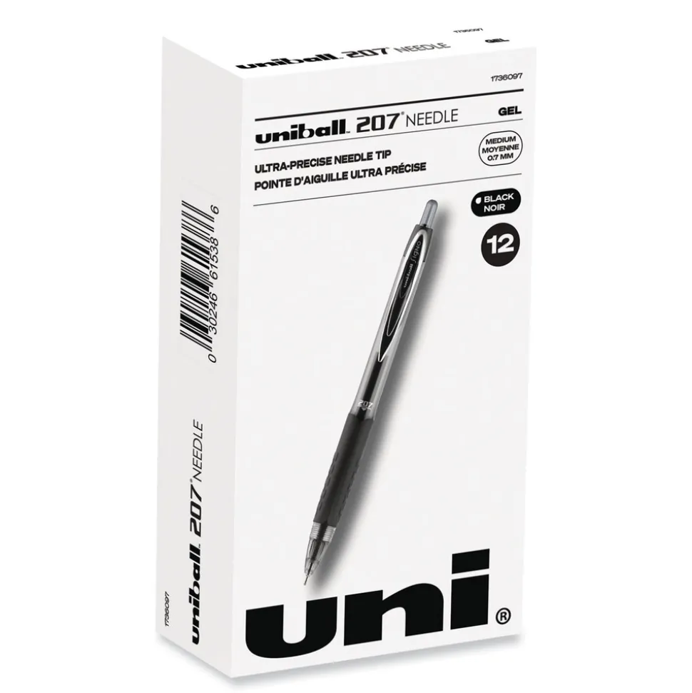 uni-ball Signo 207 Medium 0.7 millimeter Retractable Needle Point Gel Pen - Black Ink/Clear/Black Barrel (1-Dozen)