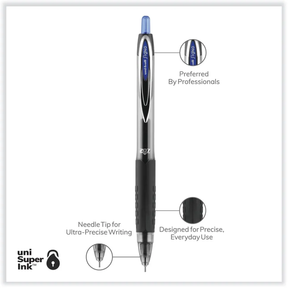 uni-ball Signo 207 Medium 0.7 millimeter Retractable Needle Point Gel Pen - Blue Ink/Clear/Black/Blue Barrel (1-Dozen)