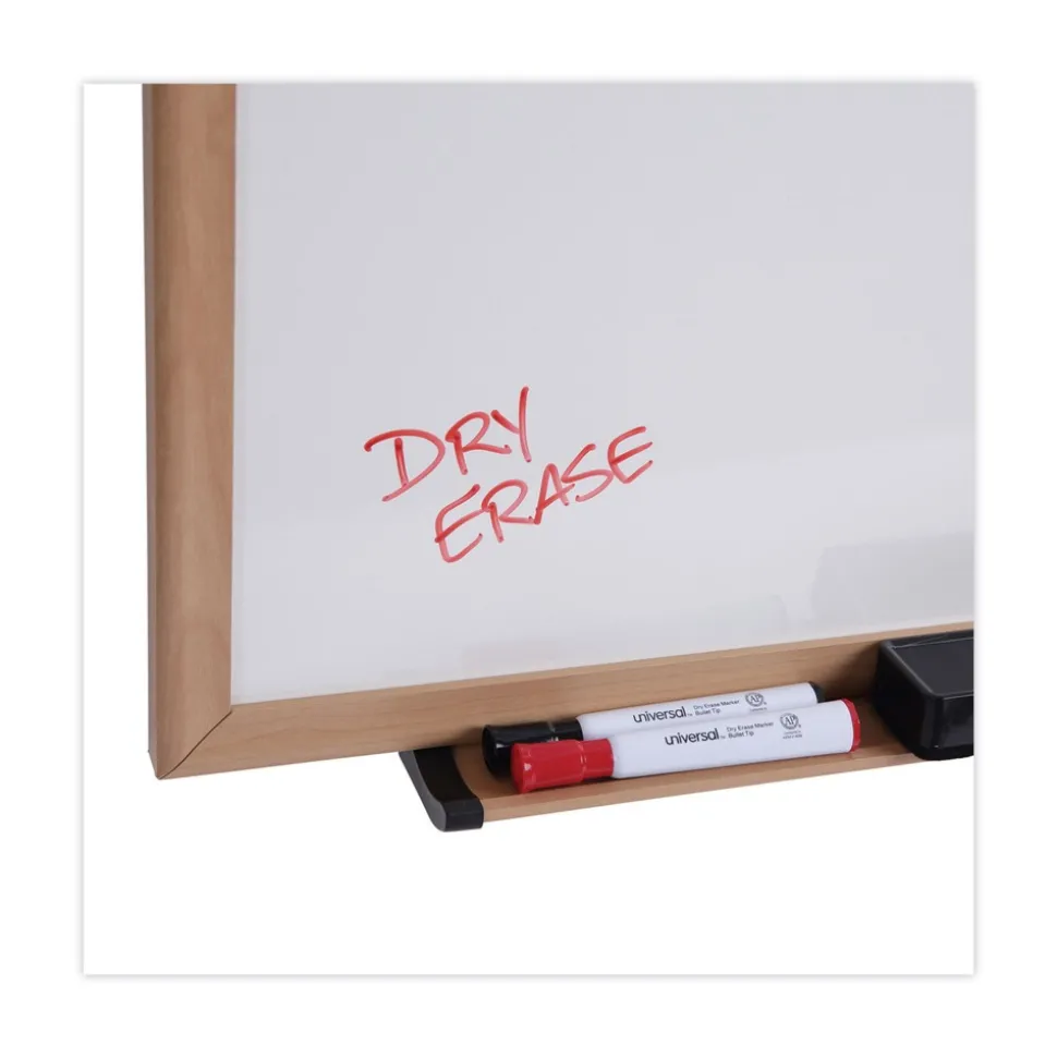 Universal 96 in. x 48 in. Deluxe Melamine Dry Erase Board - Melamine White Surface, Oak Fiberboard Frame