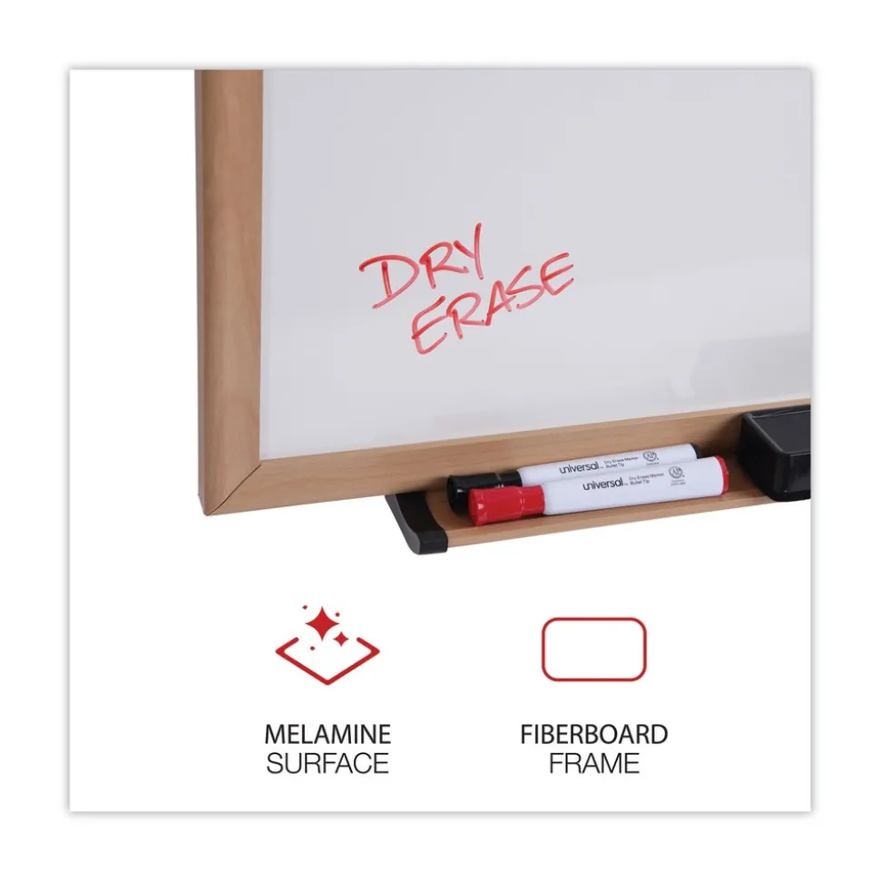 Universal 96 in. x 48 in. Deluxe Melamine Dry Erase Board - Melamine White Surface, Oak Fiberboard Frame