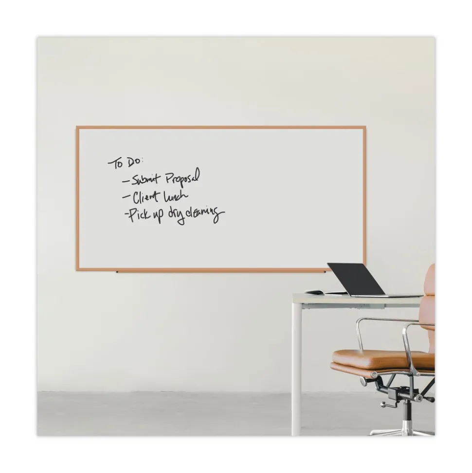 Universal 96 in. x 48 in. Deluxe Melamine Dry Erase Board - Melamine White Surface, Oak Fiberboard Frame
