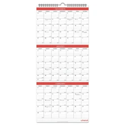 Universal 12 in. x 27 in. 14-Month (Dec 2025-Jan 2027) Three-Month Wall Calendar - White/Red Sheets