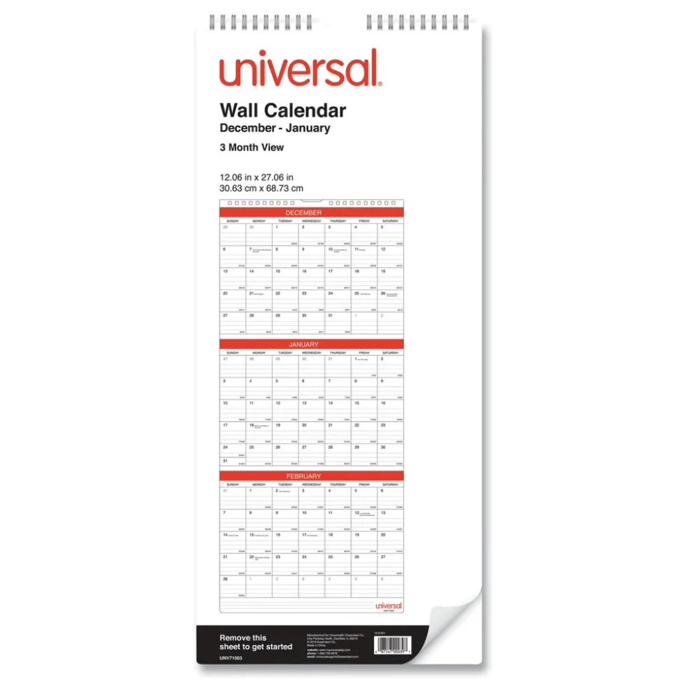 Universal 12 in. x 27 in. 14-Month (Dec 2025-Jan 2027) Three-Month Wall Calendar - White/Red Sheets