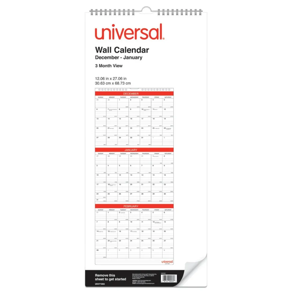 Universal 12 in. x 27 in. 14-Month (Dec 2025-Jan 2027) Three-Month Wall Calendar - White/Red Sheets