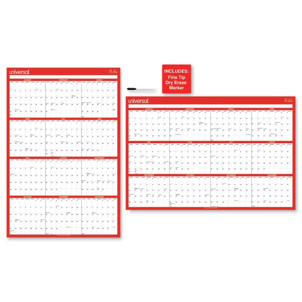 Universal 24 in. x 36 in. 12-Month (Jan-Dec 2026) Erasable Wall Calendar - White/Red Sheets