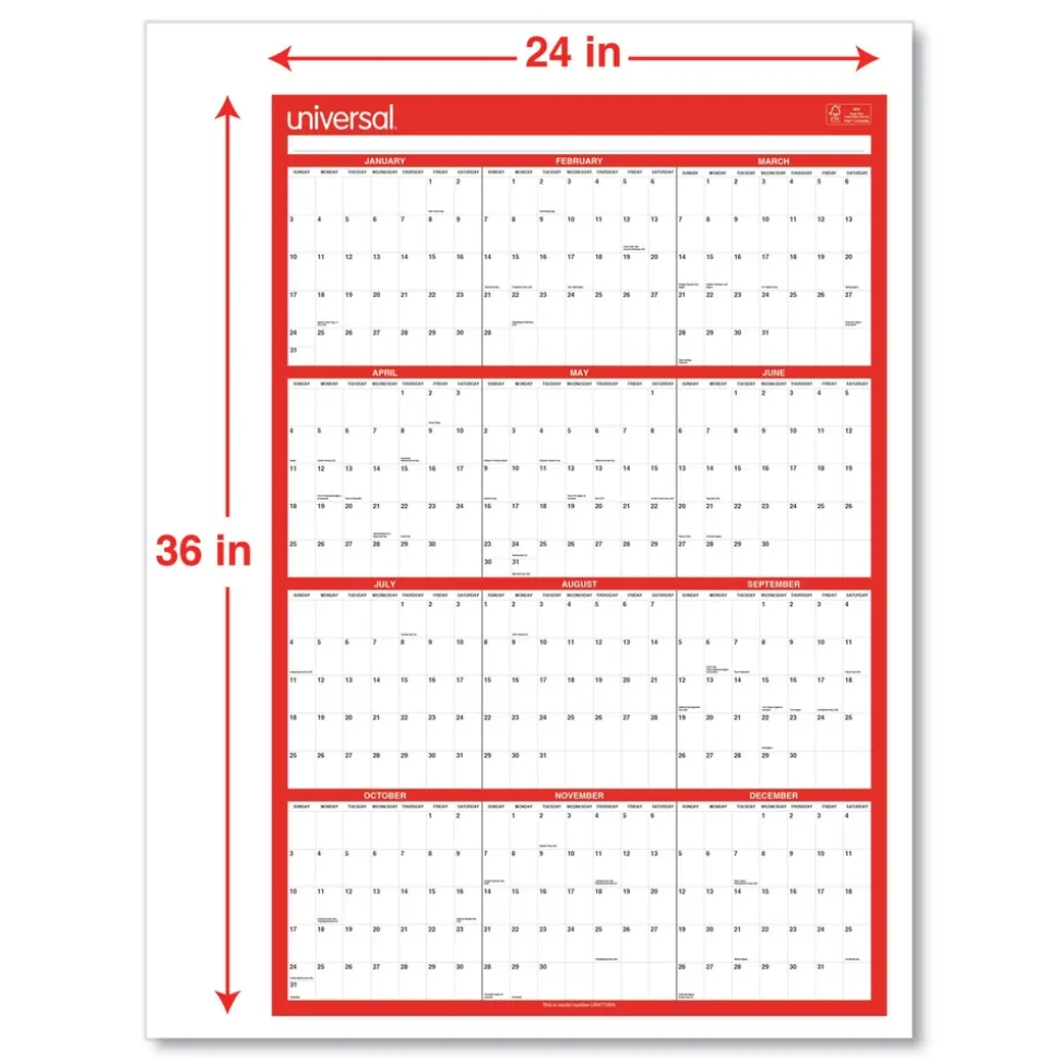 Universal 24 in. x 36 in. 12-Month (Jan-Dec 2026) Erasable Wall Calendar - White/Red Sheets